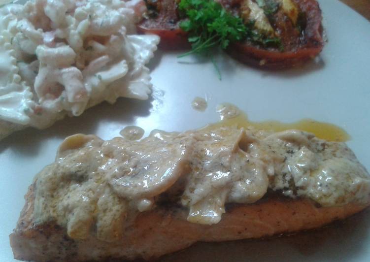 Steak salmon in mushroom white wine sauce Recipe by mtonehongsa  Cookpad