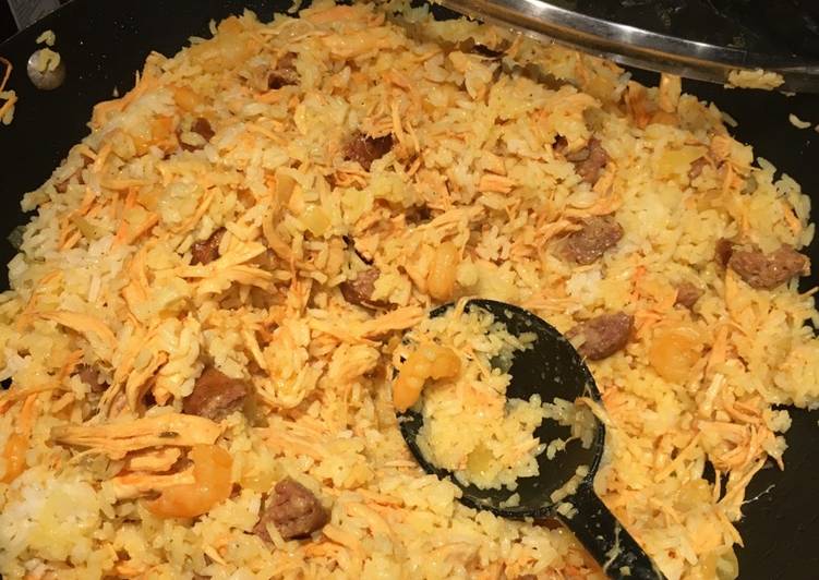 Chicken And Rice Perlow With Shrimp and Spicy Smoked Sausage Recipe by
