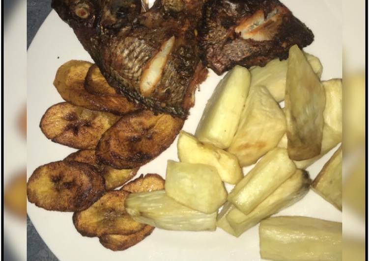 Fried Yam, Dodo and Grilled Fish