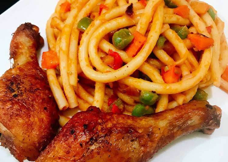 Veggy Pasta and fried chicken drumsticks Recipe by Cookingwithseki