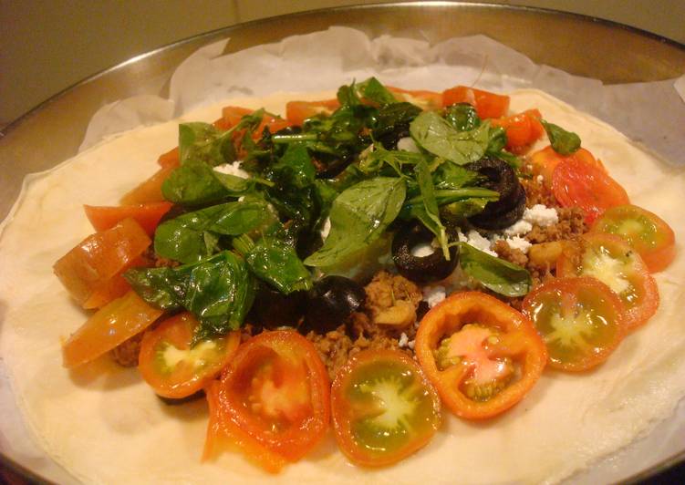 Beef Mince Galette topped with tomatoes, basil, spinach and feta Recipe