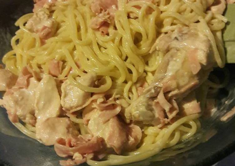 Fideos con salsa de crema jamón y trocitos de pollo Receta de Florencia