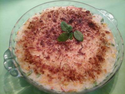 Pastel de arroz con gambas y cangrejo 