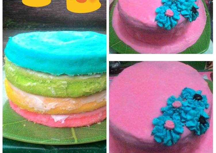 bahan dan cara membuat Rainbow cake Ganache pink