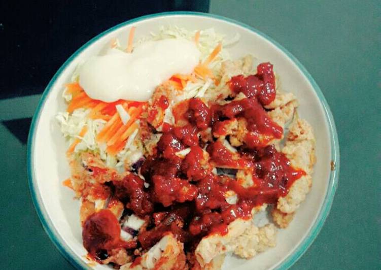 cara membuat Rice Bowl with fried chicken n mushroom with salad