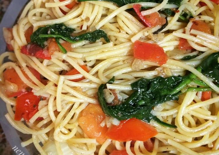 resep Spaghetti tomato-baby spinach-basil