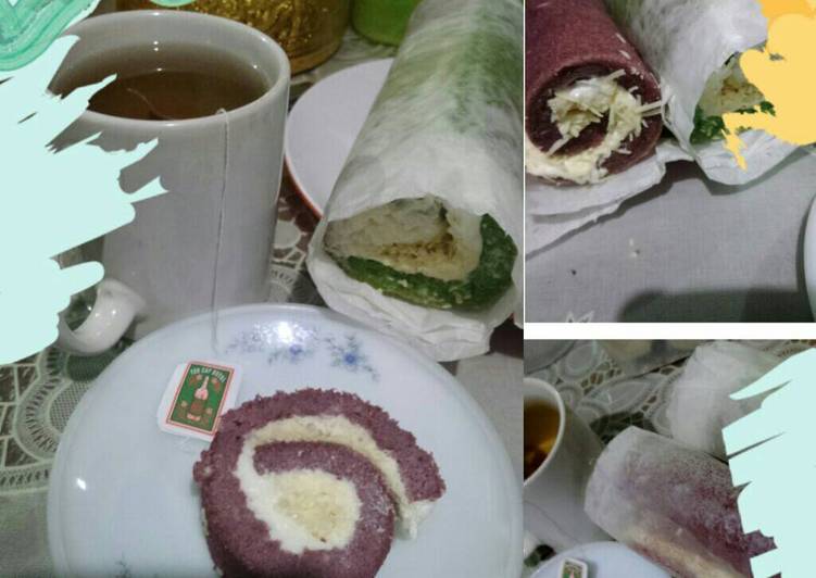 bahan dan cara membuat Ketofy roll cake (taro dan pandan)