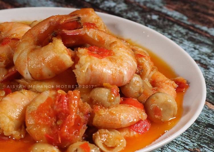 resep lengkap untuk Udang Saus Padang Cah  jamur