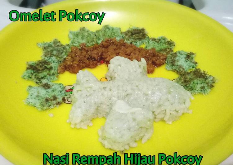 bahan dan cara membuat Nasi Rempah Hijau Pokcoy dan Omelet Pokcoy (toddler meal)