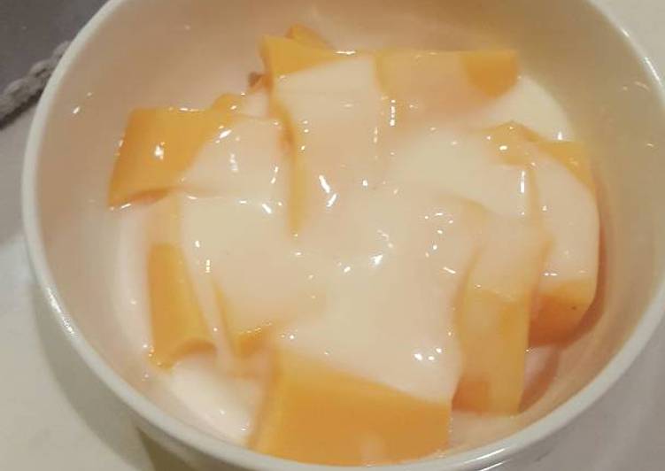 resep makanan Puding jelly susu rasa mangga + fla
