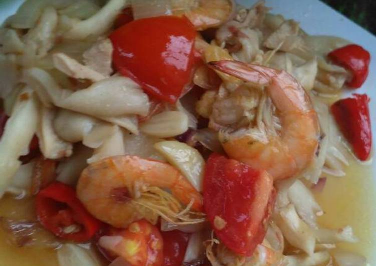 resep masakan Oseng jamur udang pedaasss.