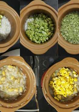 Puree Beras Putih + Edamame + Buncis with Kuning Telur + Tofu Topping MPASI 9M