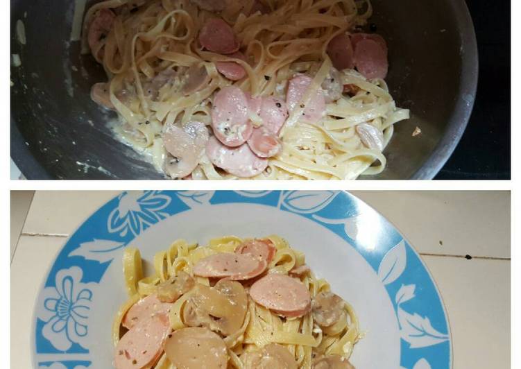 bahan dan cara membuat Fetuccini bratwurst Carbonara