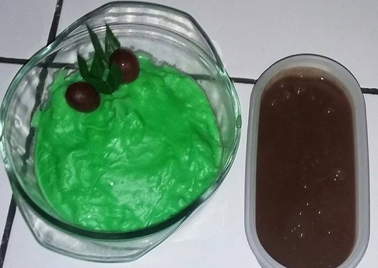 bahan dan cara membuat Bubur susu rasa pandan vla coklat.ala Rumah Ambolay