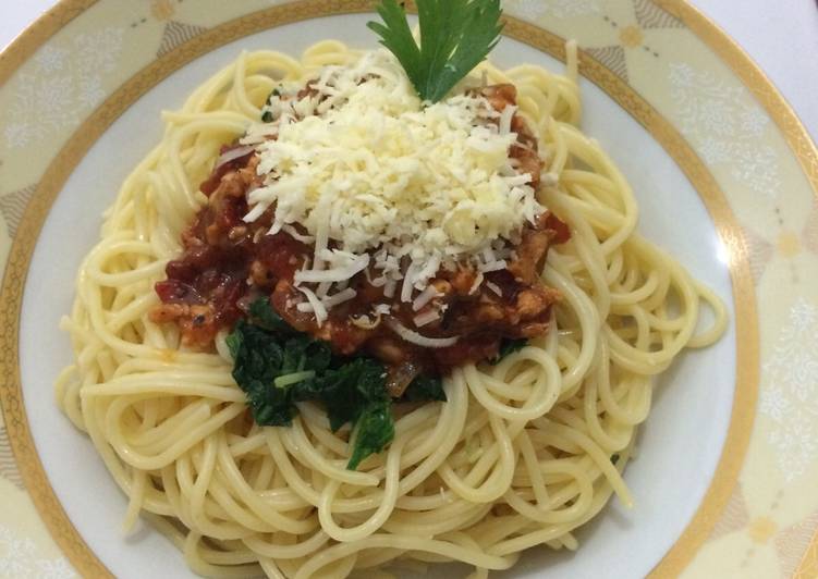 resep masakan Spaghetti with spinach and chicken barbeque