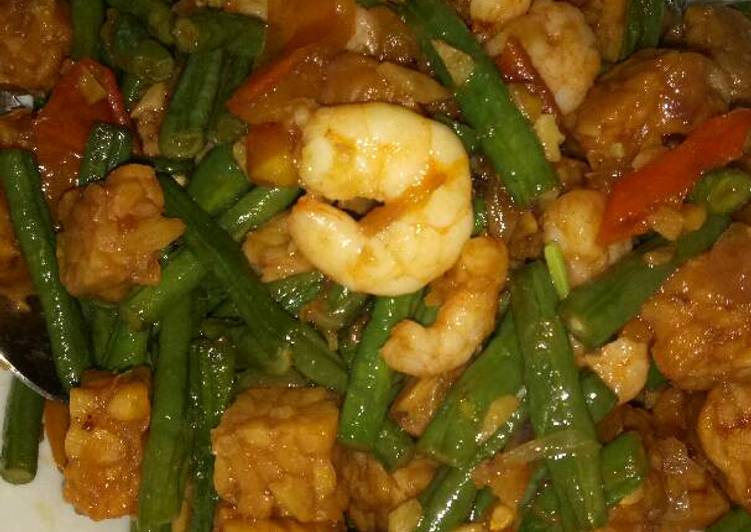 resep Tumis Kacang Panjang & Tempe + Udang Kupas *simple*