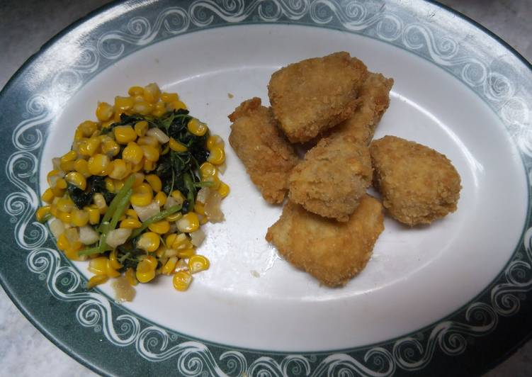 bahan dan cara membuat Tuna nugget and cheese with spinach corn