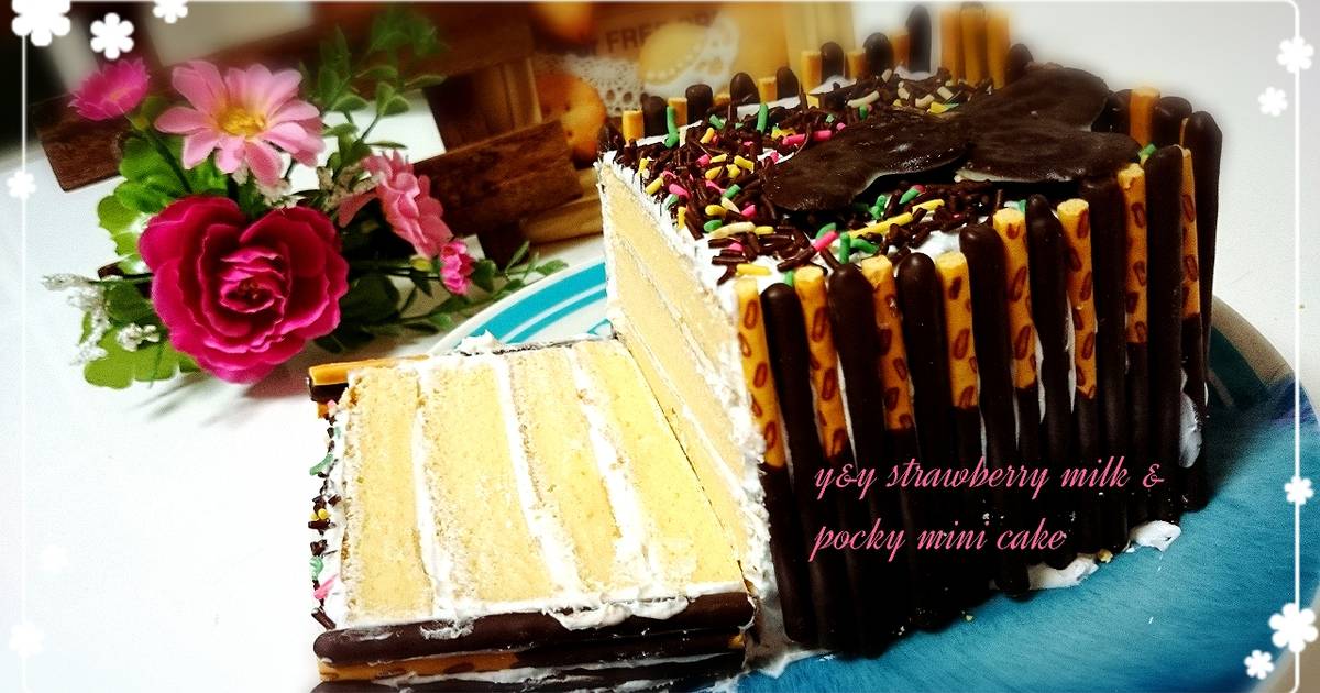 Resep Strawberry milk & pocky mini cake Resep Strawberry milk & pocky mini cake