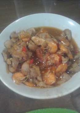 Tumis jamur kancing + udang dan cumi