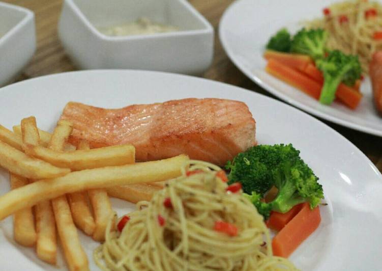 resep masakan Salmon steak w/ mashroom lemon sauce ala Mrs. Manan