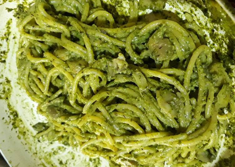 bahan dan cara membuat Spaghetti Spinach Pesto with Mushroom