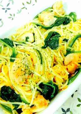 Spaghetti Ayam Bayam tumis bawang putih