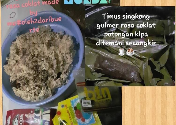 cara membuat Timus singkong gulmer rasa coklat dgn potongan kelapa muda