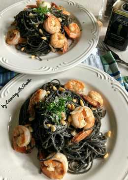 Prawn and Squid Ink Pasta Oglio Olio