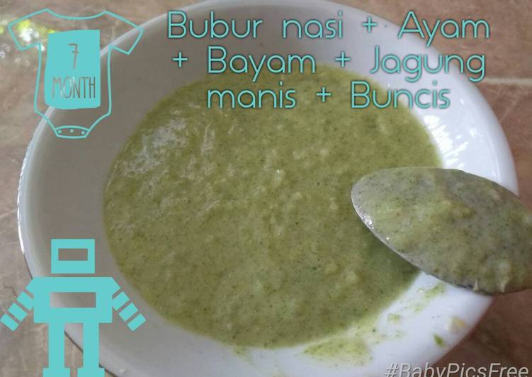 resep makanan MPASI 7m Bubur nasi + Ayam + Bayam + Jagung + Buncis