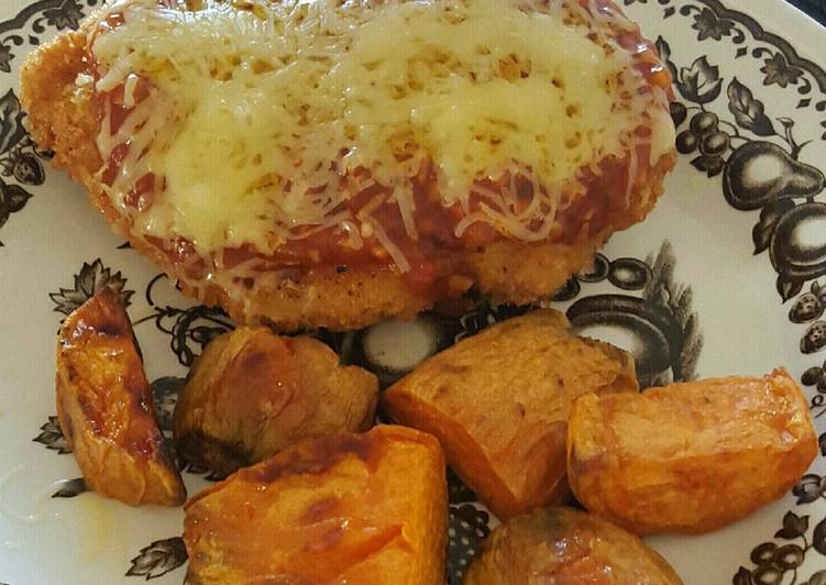 bahan dan cara membuat chicken parmigiana with baked sweet potato