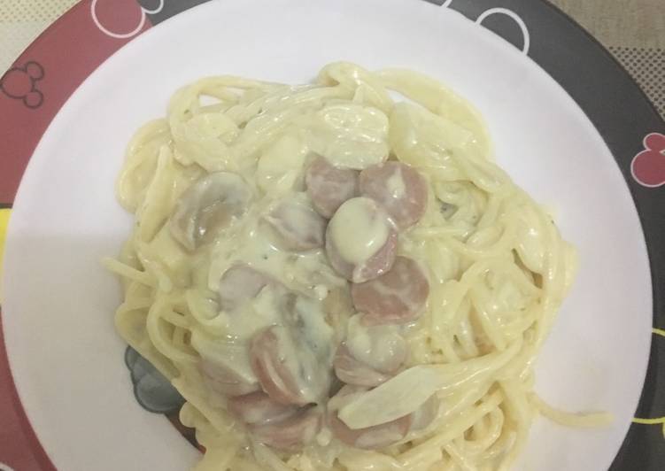 resep Spaghetti carbonara mushrooms n sosis