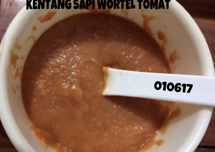 bahan dan cara membuat Mpasi 6m 4* kentang sapi wortel tomat