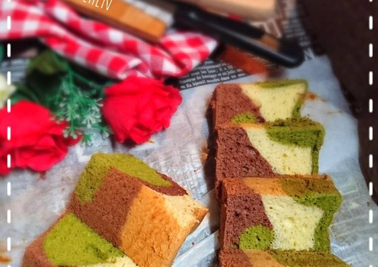 resep Camouflage chiffon cake Matcha vanilla chocolate