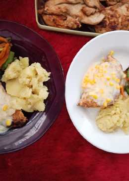 Chicken steak corn sauce with mashed potato