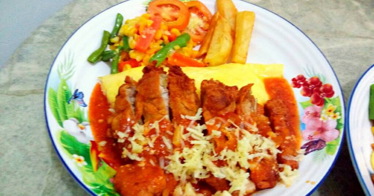 Resep Chicken shnitzel omelette rice ala merlin lie