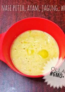 Puree nasi putih, daging ayam, jagung dan wortel