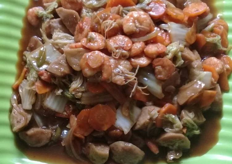 cara membuat Tumis saus tiram udang baso sawi putih