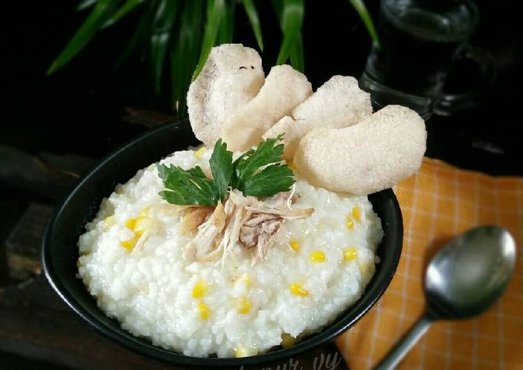 resep makanan BUBUR NASI Jagung ayam suwir (#postingrame2_nasi)