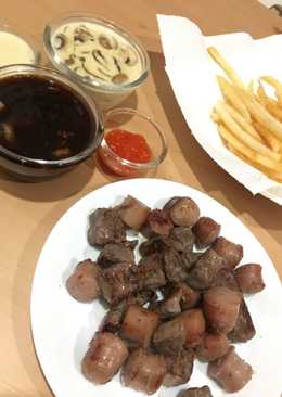 Beef Sausage Fondue with bbq sauce and mushroom sauce