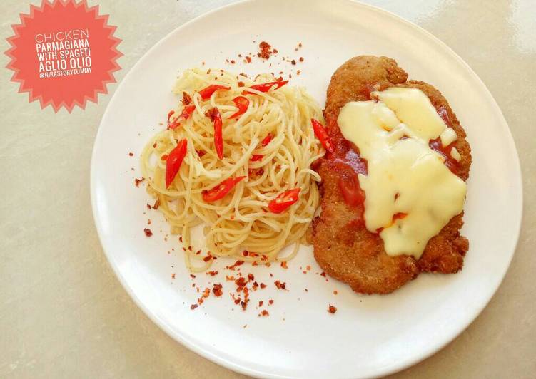 resep Chicken parmigiana with spageti aglio olio