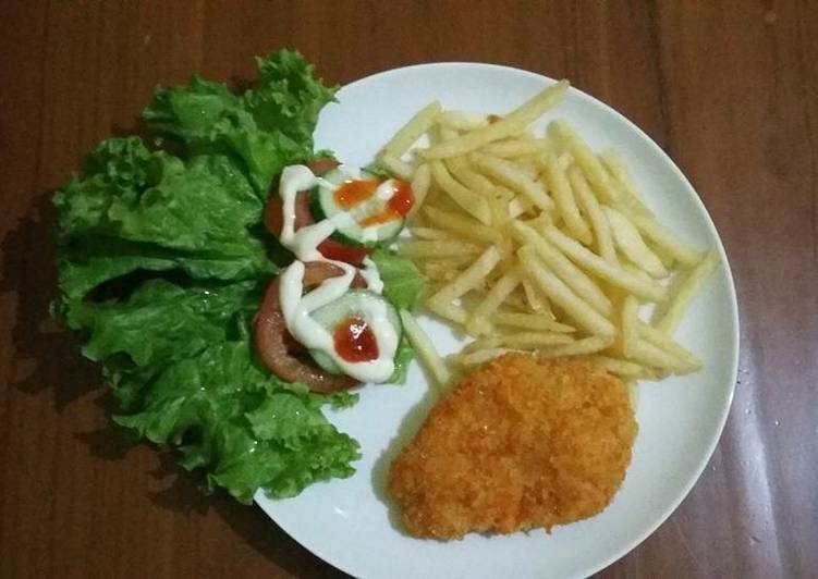 bahan dan cara membuat Chicken mozarella with french fries