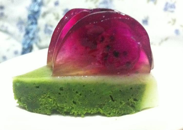 resep makanan Crystal Dragon on The Almond Ground (buah naga merah, greentea kukus, pudding almond)