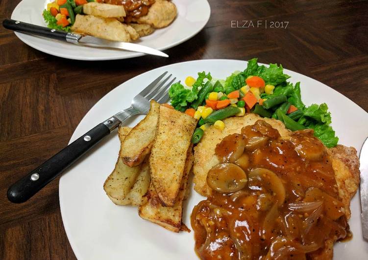 cara membuat Crispy Chicken Steak with Mushrooms Sauce