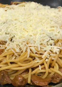 Spaghetti â€˜toppingâ€™ Ayam Kecap Bekal Anak