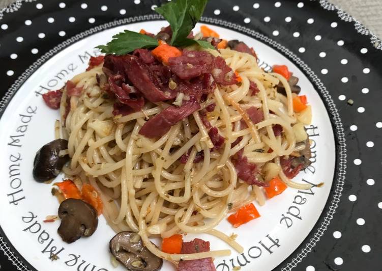 gambar untuk resep makanan Spagetti Aglio Olio Smoked beef & Mushroom