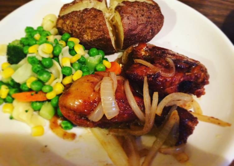 resep makanan Ayam saus mentega, baked potato, steamed veggies ????