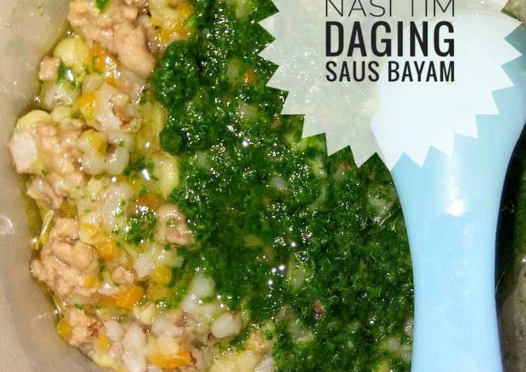 resep makanan Mpasi 9m+ (Nasi tim sayur daging saus bayam)