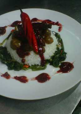 Beef rujak sauce with sauted baby potatto and spinach