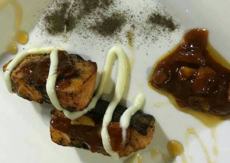 cara membuat Salmon panggang lada hitam kuah BBQ