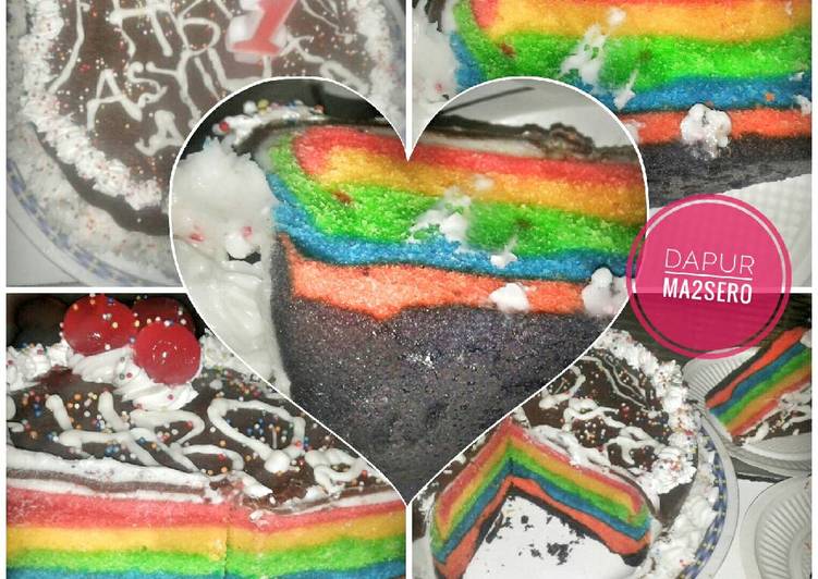 bahan dan cara membuat Rainbow cake (cake ulang tahun) ala ma2 sero